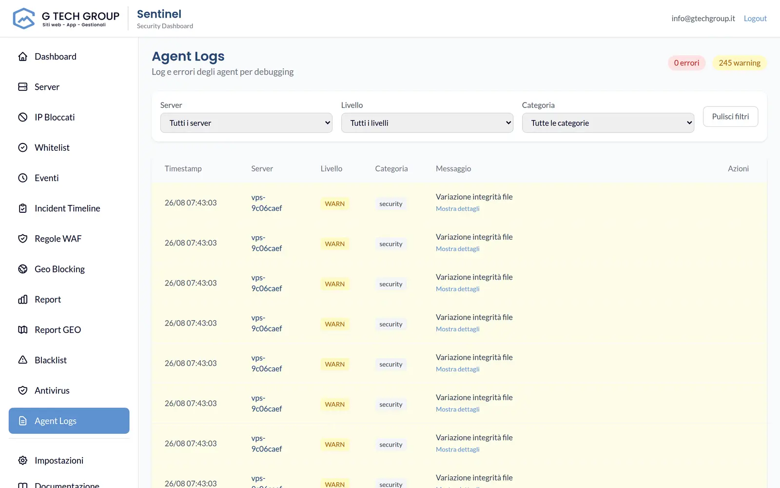 Schermata reale della dashboard Sentinel