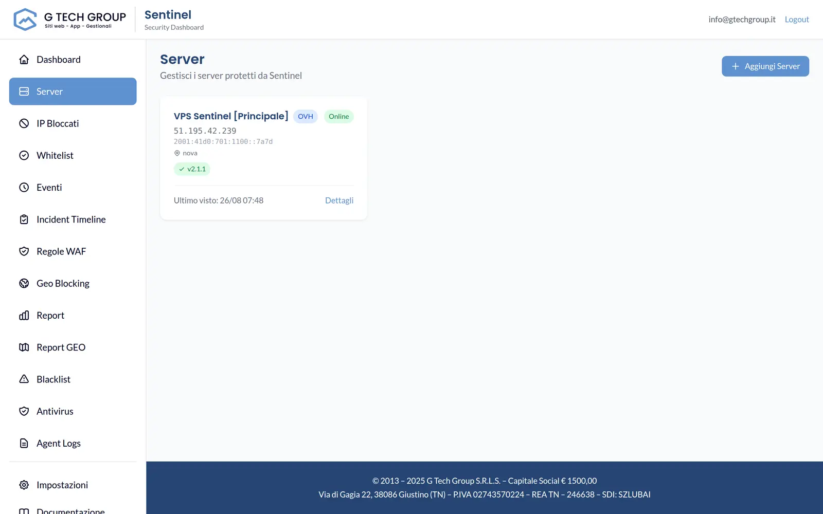 Onboarding e gestione server nella dashboard Sentinel