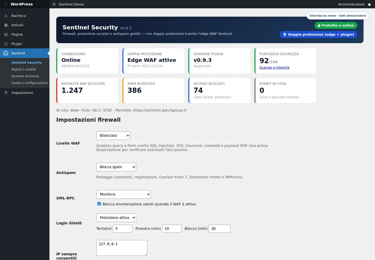 Dashboard reale del plugin Sentinel Security in WordPress con stato della connessione, punteggio e protezioni attive