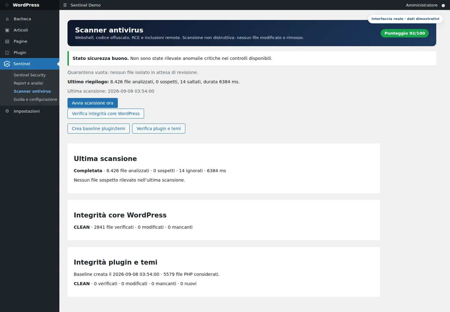 Pagina reale dello scanner antivirus Sentinel Security in WordPress con esito della scansione e controlli di integrità